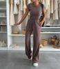 1116 European and American new textured knitted short-sleeved top wide-leg trousers elastic mid-waist solid color casual suit