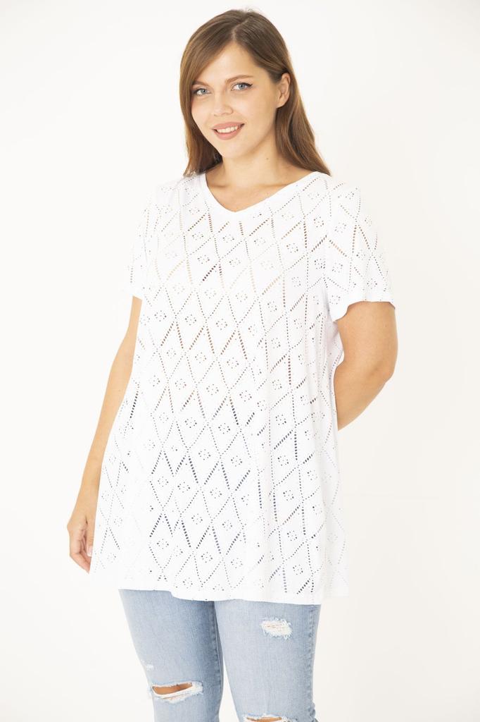 Женская блузка большого размера, белая блузка с короткими рукавами и v-образным вырезом из перфорированной ткани больших размеров