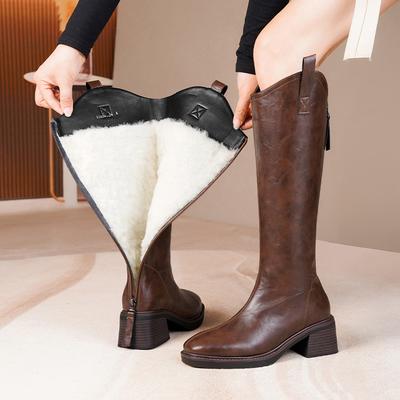 Женские длинные сапоги в британском стиле из натуральной кожи, женские высокие сапоги из натуральной шерсти, ковбойские сапоги в стиле вестерн для женщин