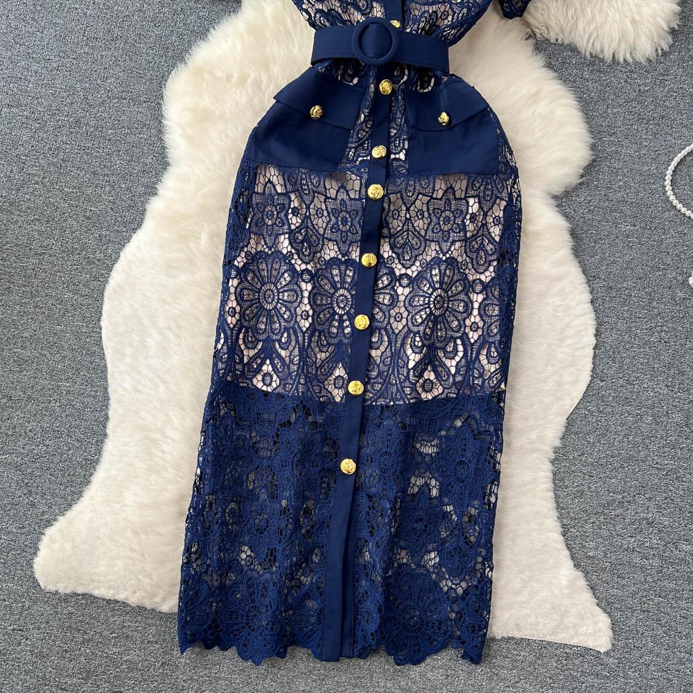 Высокое качество, женское длинное платье миди с вышивкой, летнее платье с лацканами и короткими рукавами, винтажное женское офисное кружевное платье-карандаш