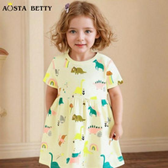 Летнее трикотажное хлопковое платье принцессы для девочек - Европейский и американский стиль, короткий рукав, милый дизайн