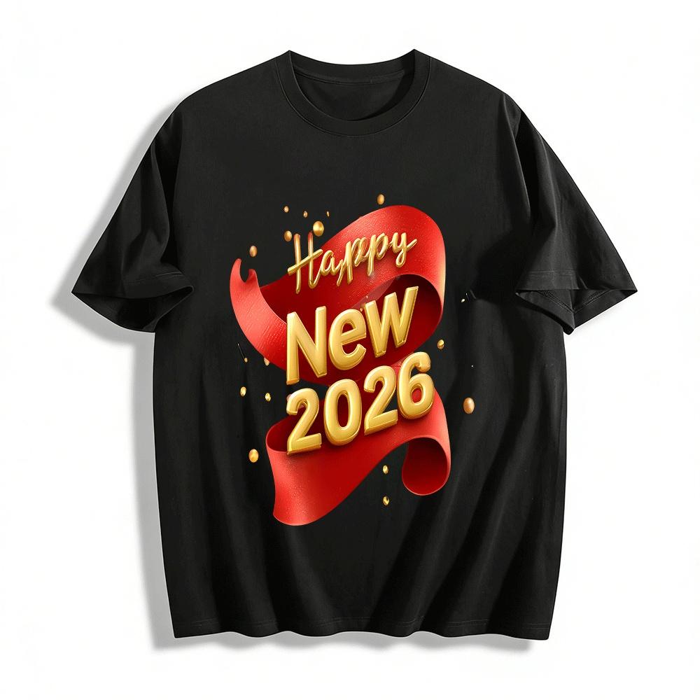 С Новым Годом 2026 Красный Золотой Принт Повседневный Свободный Унисекс Топ Хлопковая Футболка