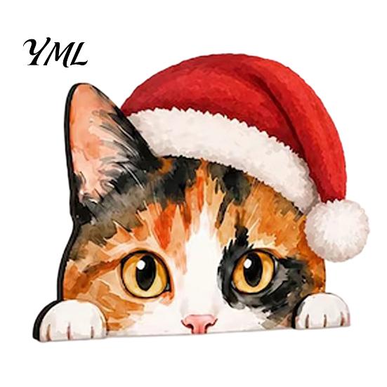Christmas Cat Ornament Cute Shelf Sitter, Wooden Hat Peeking Desk Figurine, Funny Animal Table Sign Sign, Lover Gift for Holiday Home Office