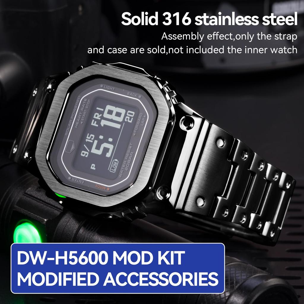 MOD Kit Metal Watch Bezel 316 Stainless Steel Compatible with Casio and Case, Band, Strap, Bracelet, G-SHOCK Men's DW-H5600 (Black Set)