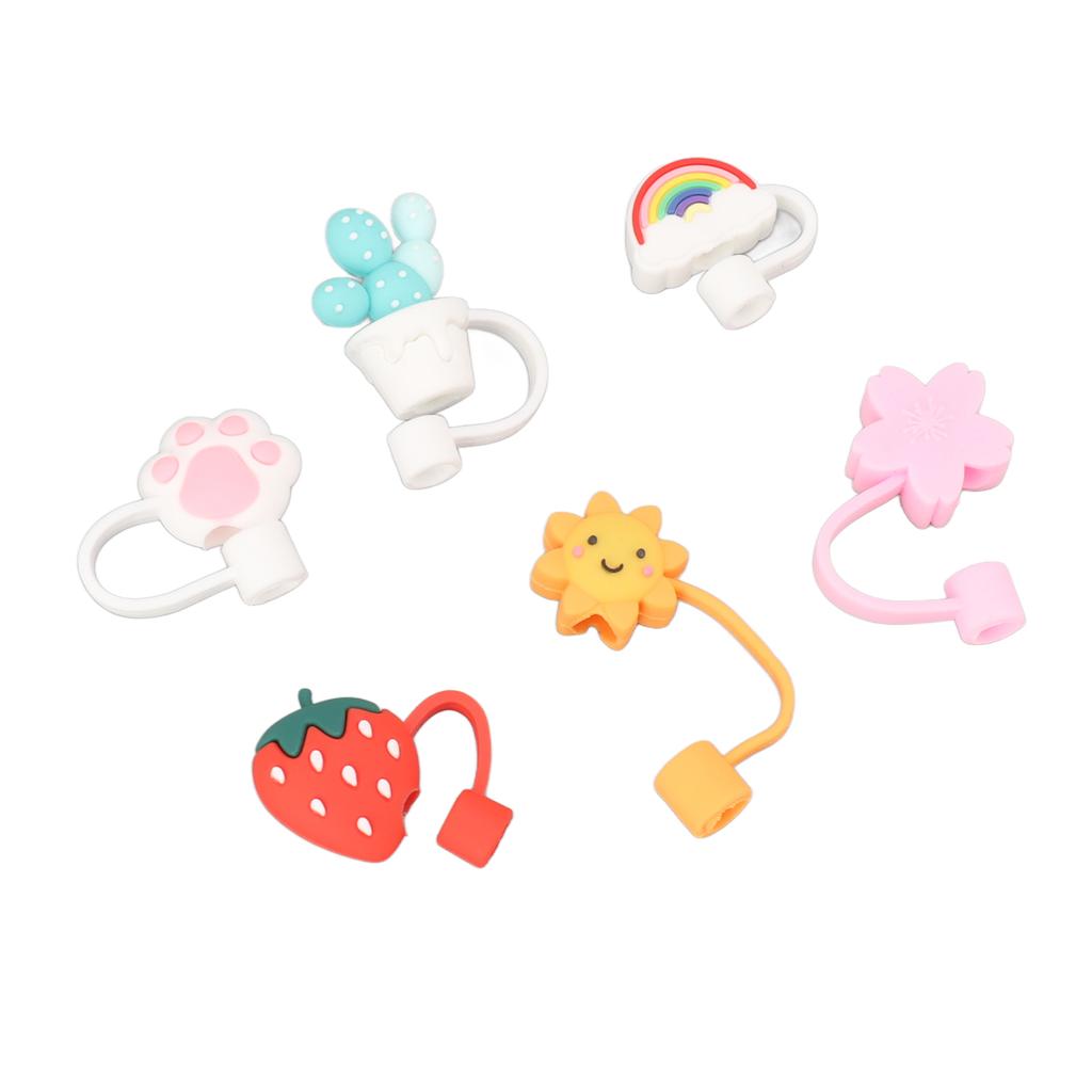 6Pcs Straw Cover Cap Cute Cartoon Reusable Silicone Toppers Drinking Tips Lids Plugs Type B