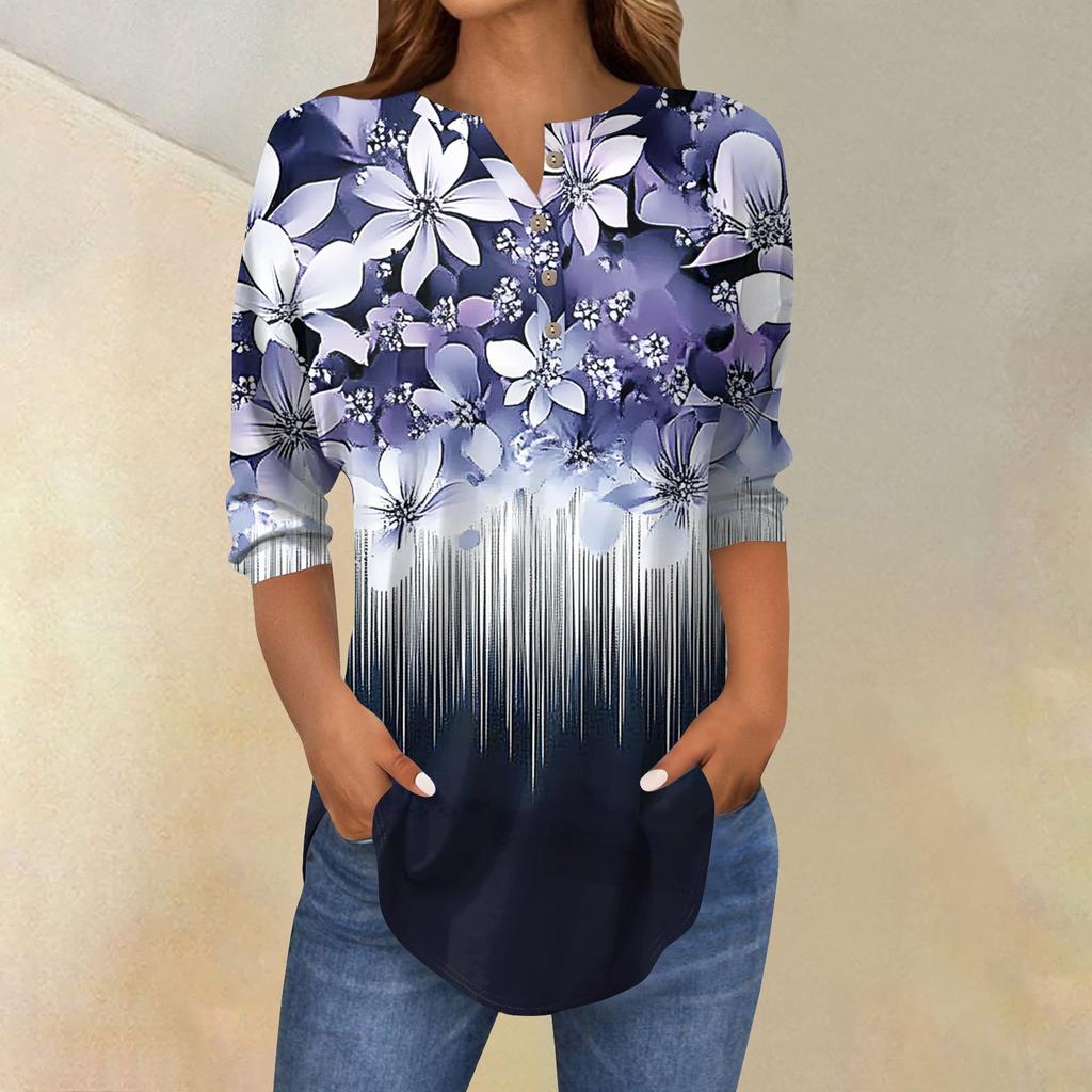 Женская свободная футболка с воротником на пуговицах и винтажным цветочным принтом, рукав три четверти