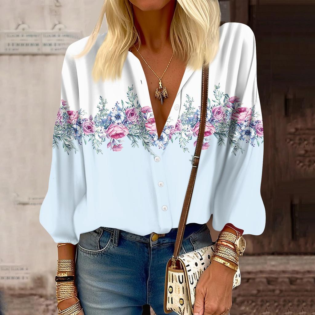 Женская рубашка, блузка с принтом на пуговицах, повседневный винтажный модный топ с круглым вырезом и рукавами 3/4