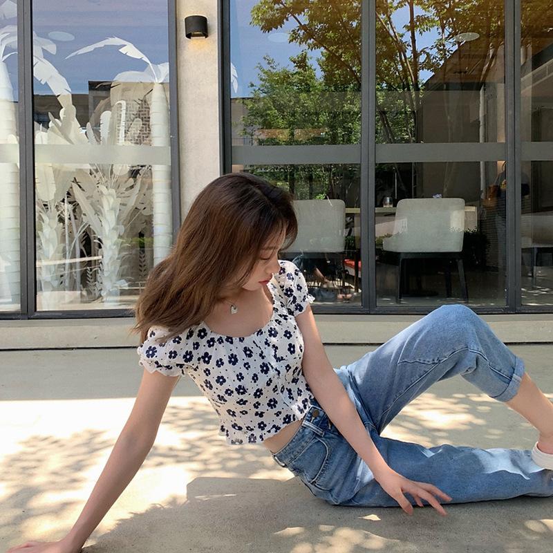 Летняя женская мода с цветочным принтом, укороченный топ, тонкая повседневная футболка с пышными рукавами