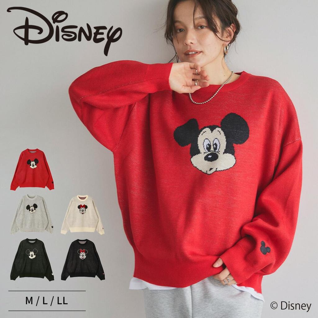 [Лафуку] Джемпер жаккардовой вязки Disney Микки Маус или Минни Маус, с длинным рукавом, черный (Минни Маус), Размер M