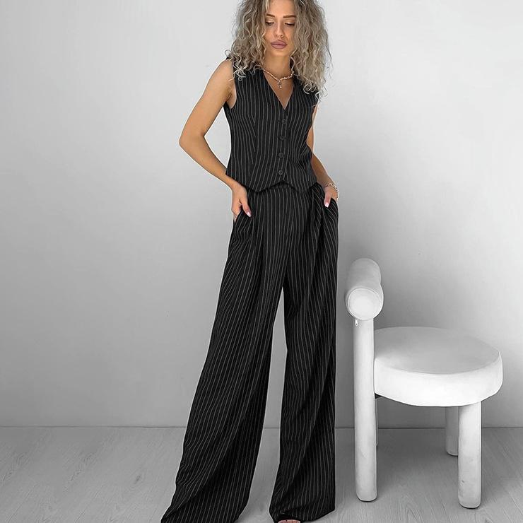 Sexy temperament wide shoulder strap V-neck sleeveless vest mid-waist slim-fitting wide-footed pants two-piece autumn casual suit