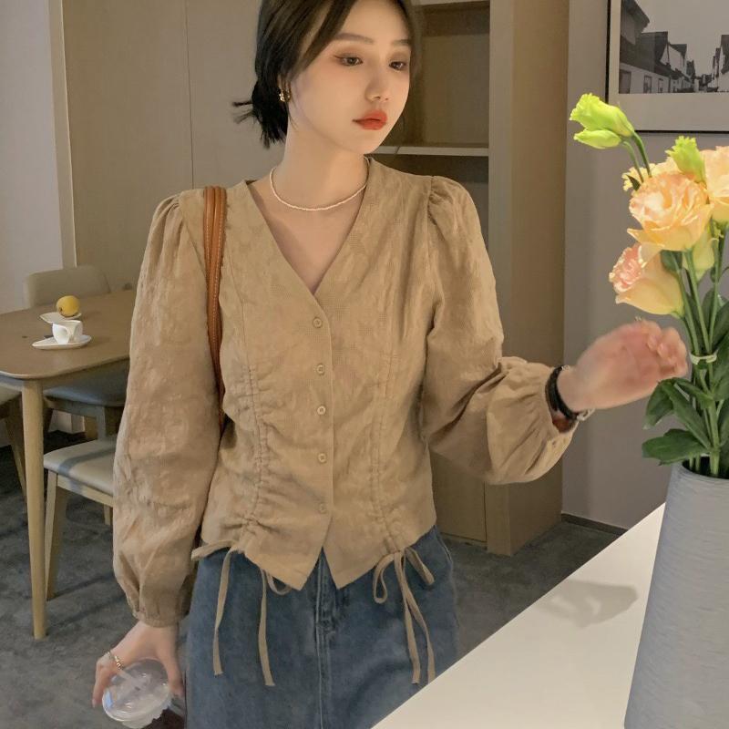 Модная женская блузка трапециевидной формы с v-образным вырезом и завязками на талии, рубашка с длинными рукавами, женские элегантные весенние топы