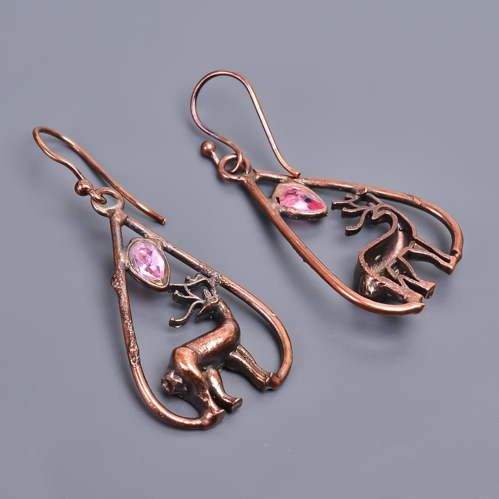 Fancy Pink Amethyst Stone Copper Electroformed Hook Drop Dangle Artisan Earrings V-48