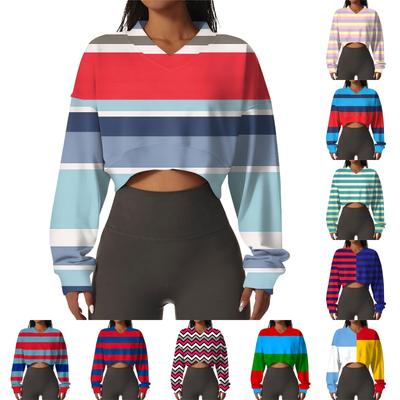 Женская повседневная модная сексуальная удобная спортивная толстовка с V-образным вырезом и длинным рукавом в полоску с графическим принтом
