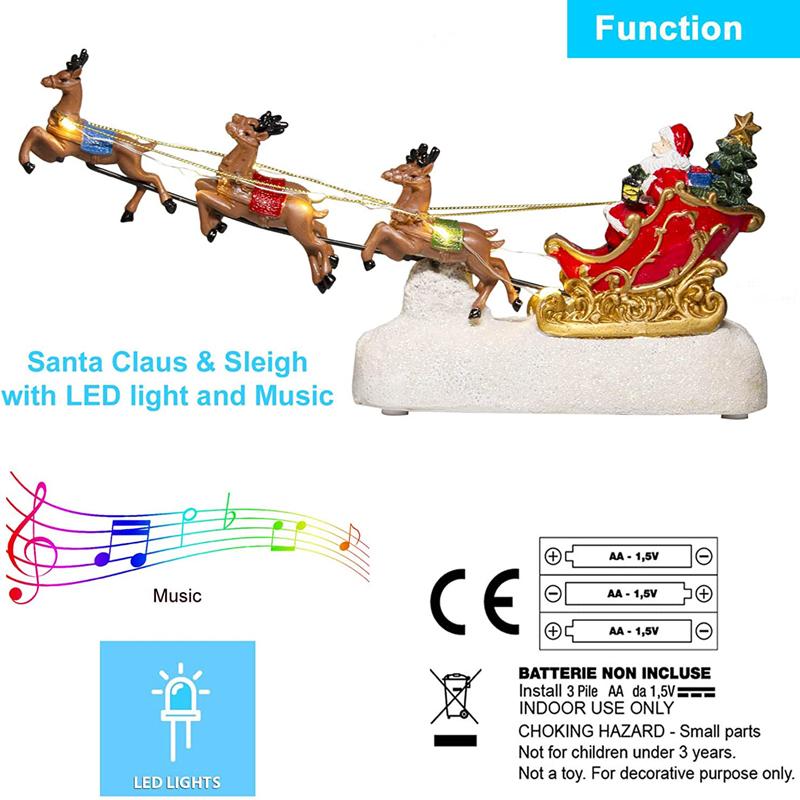 Christmas Santa Claus Sleigh with Reindeer Figurine, LED Light Holiday Village House Ornament Xmas Home Tabletop Decoration Gift