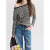 Clothing with Contrasting Color, Asymmetrical Shoulder Neckline, Striped Pleated Top, 2026 Spring New Fashion, Stylish Commuter Long-Sleeve T-Shirt