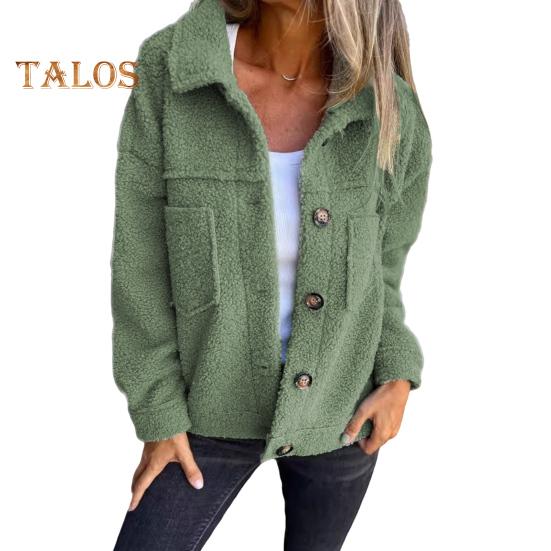 Winter Women Jacket with Double Pockets Thick Fleece Button Closure Cardigan Long Sleeves Warm Windproof Heat Retention Outdoor Coat