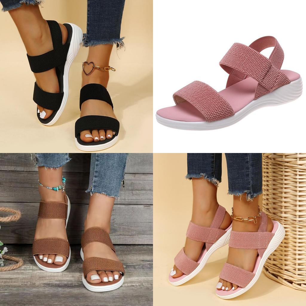 Summer Large Size Women's Shoes Casual Elastic Flat Sandals With Back Strap Fly Knitted Polyurethane Characters)