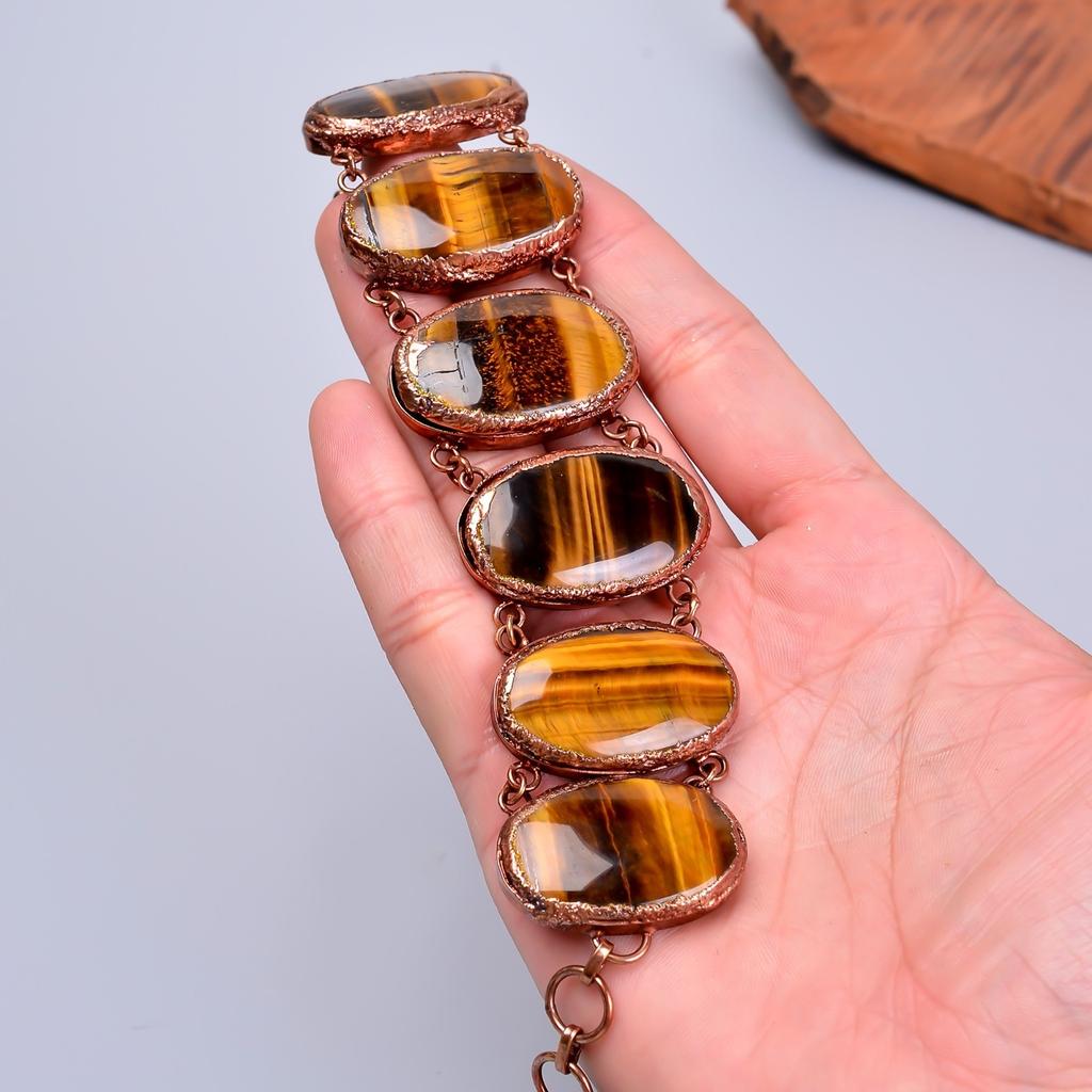 Natural Tiger Eye Copper Electroformed Statement Sacral Chakra Bracelet Jewelry V-75