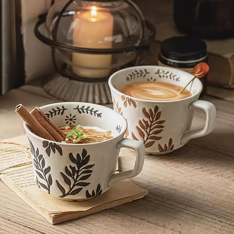 1 шт. Кружки из каменной керамики Винтажные с ручками Офисная грубая керамика Кафе Растение Резьба Скандинавская керамическая кофейная кружка Фруктовый чай Бытовая