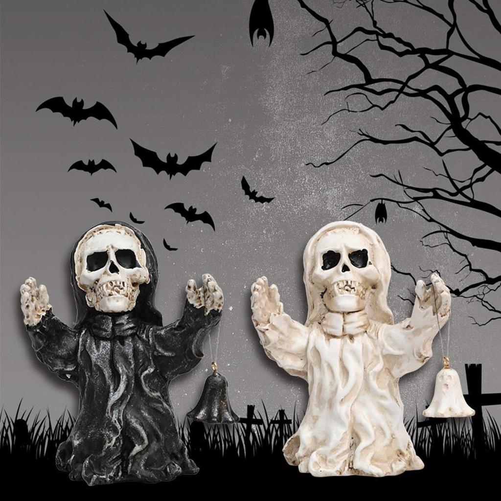 Halloween Skull Statue Holding Bell Figure Bookshelf Desktop Evil Resin Figurine