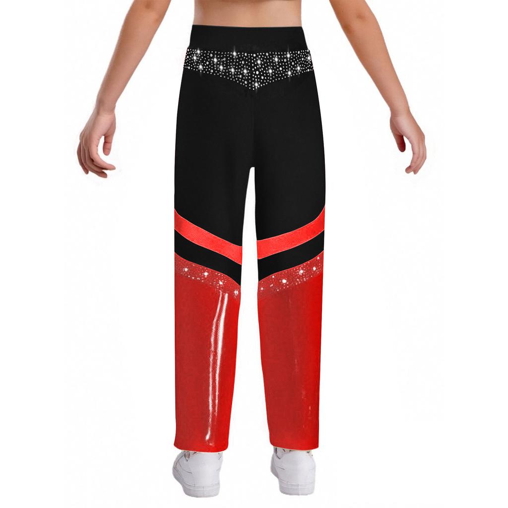 Girls Shiny Rhinestone Flared Pants Elastic Waistband Color Block Bell Bottom Gymnastics Costume
