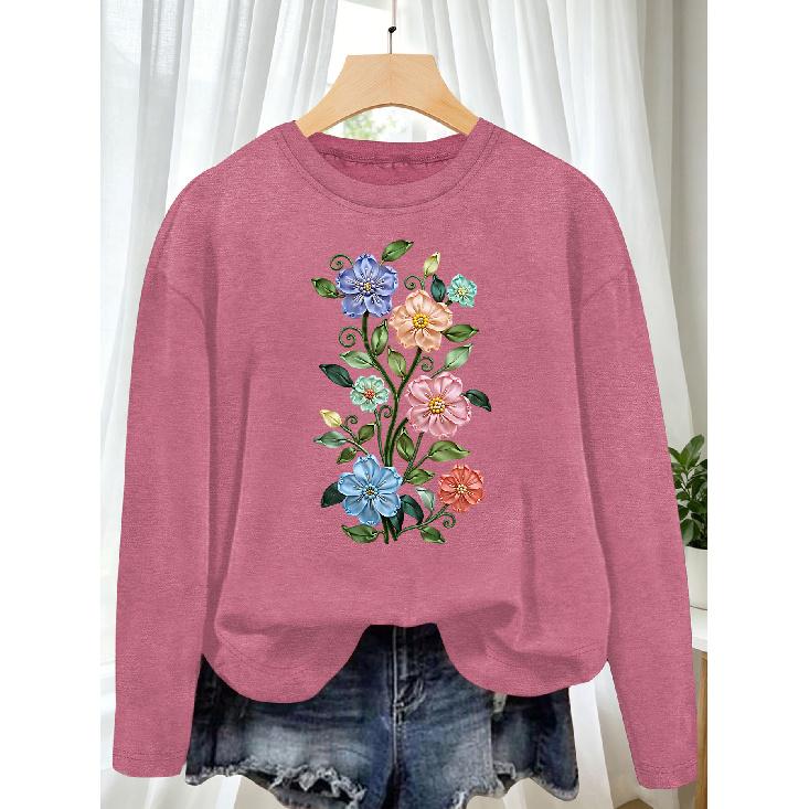 Women's long sleeve T Shirt Vertical arrangement of colorful flat textured small floral vines with a gentle and fresh floral print Daily outfits for
