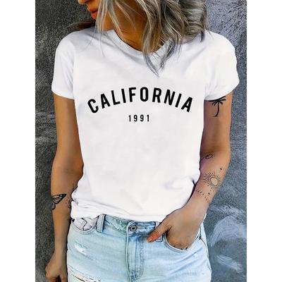 Европейский размер, футболка с принтом California 1991, с круглым вырезом, повседневная футболка с коротким рукавом для весны и лета, женская одежда