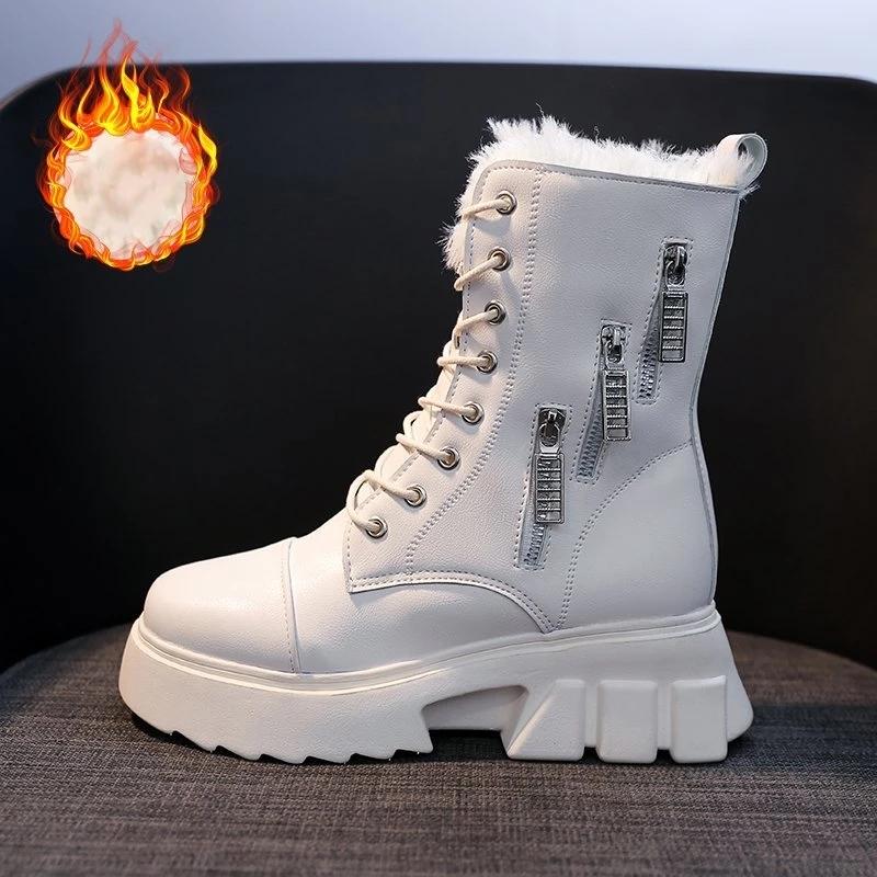 Women Winter Shoes Ankle Boots Leather Warm Plush Snow Boots Female Shoes Woman Chunky Platform Booties White Black