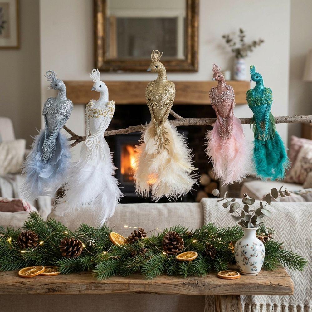 Realistic Christmas Tree Peacock Ornaments Long Tail Faux Peacock Tree Hanging Xmas Decor