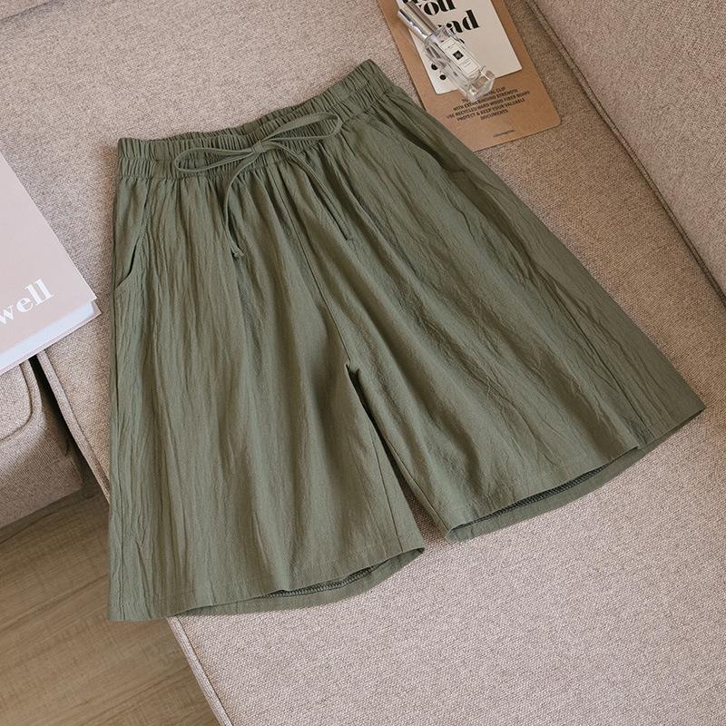 Women's Summer Cotton Linen Five Inch Breathable Mid Length Pants Casual Loose Oversized Wide Leg Pants