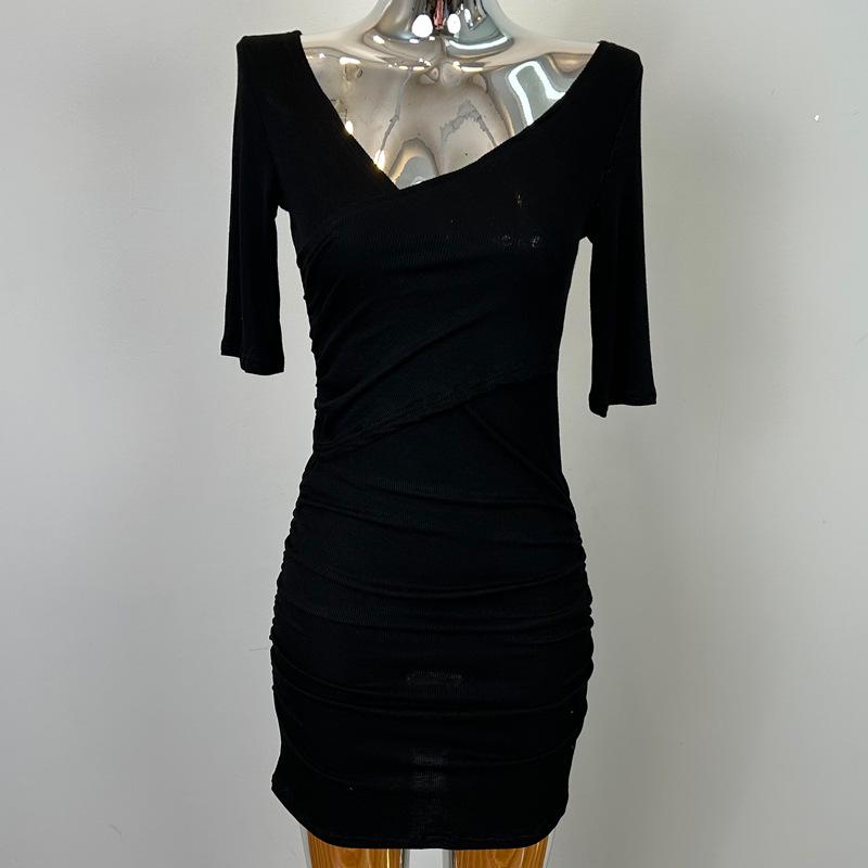 Gray Long-Sleeve Sexy Chest-Revealing Tight Hip Dress