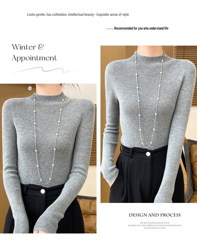 Women's Slim-Fit Half-High Collar Knitted Sweater for Autumn/Winter - Versatile and Comfortable
