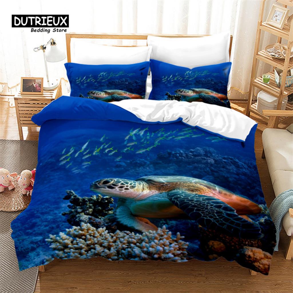 Fish Sea Turtle Duvet Cover Jellyfish Seashell Starfish Bedding Set Microfiber Marine Theme Quilt Cover Twin Full For Kids Adult