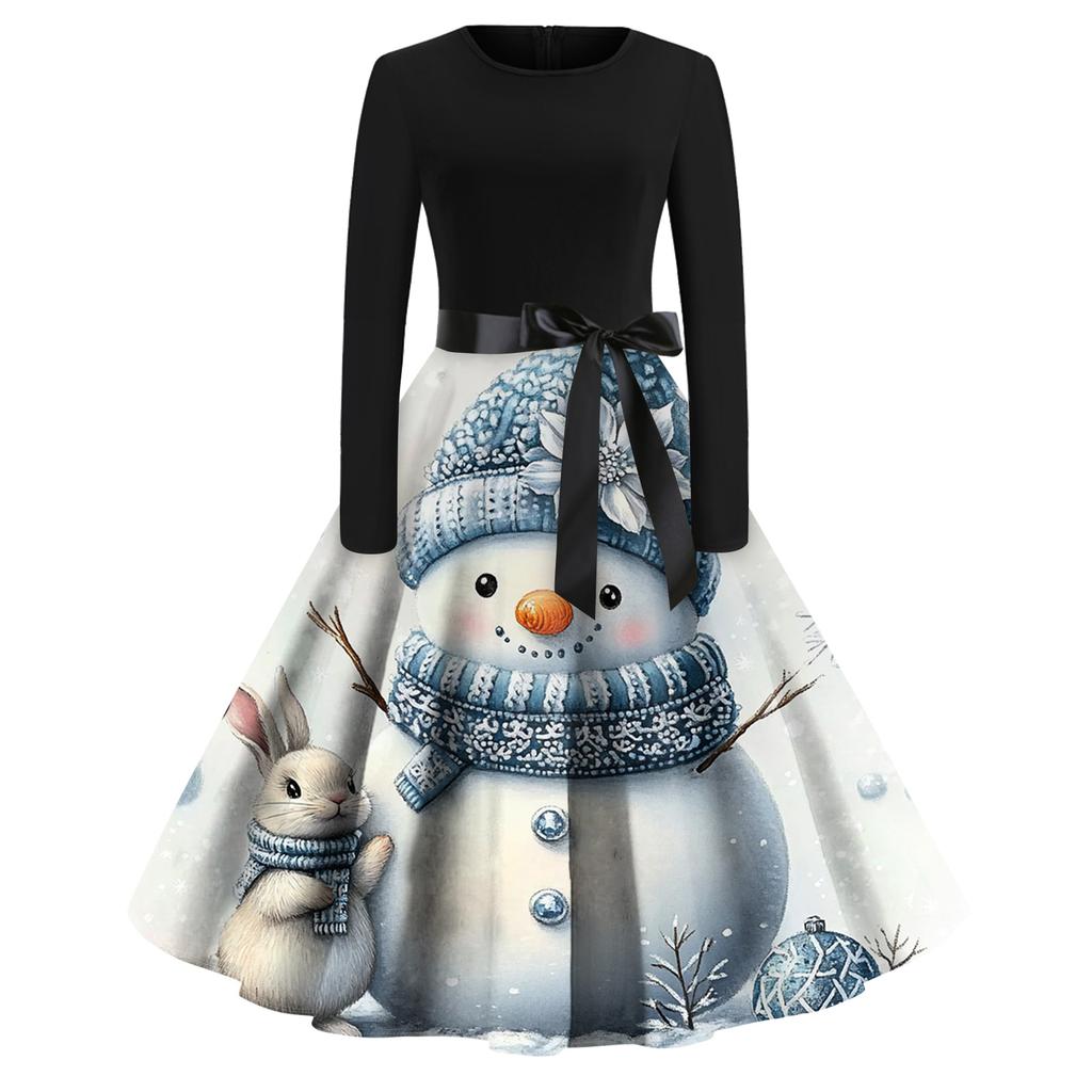 Christmas Print Flare Dress For Women Long Sleeve Dress Hollow Party Casual Dresses