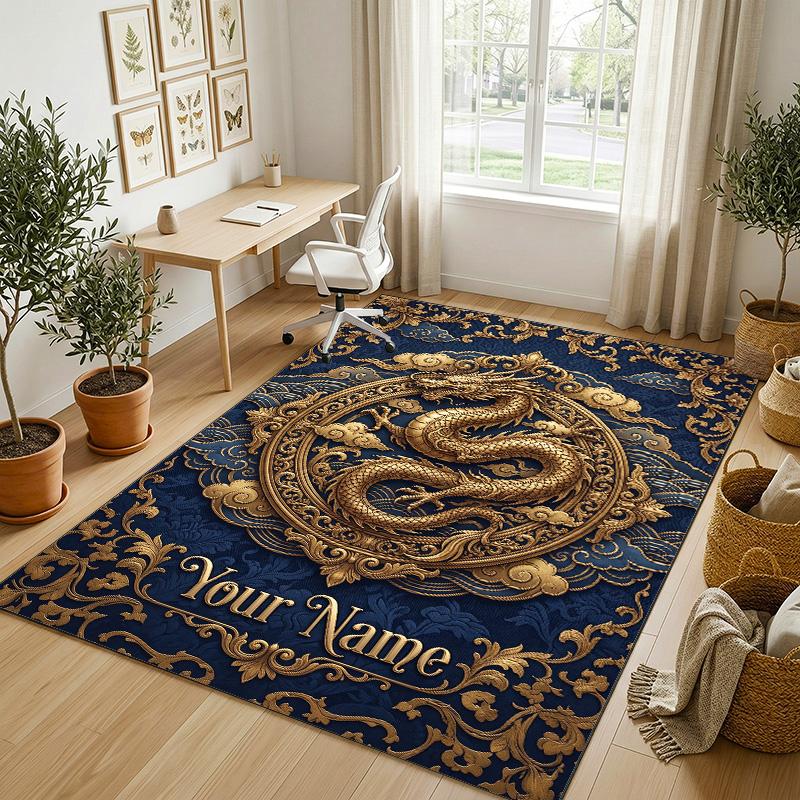 Dragon Phoenix Theme Crystal Velvet Rug Personalized Custom Name Text Soft Floor Mat Home Decor