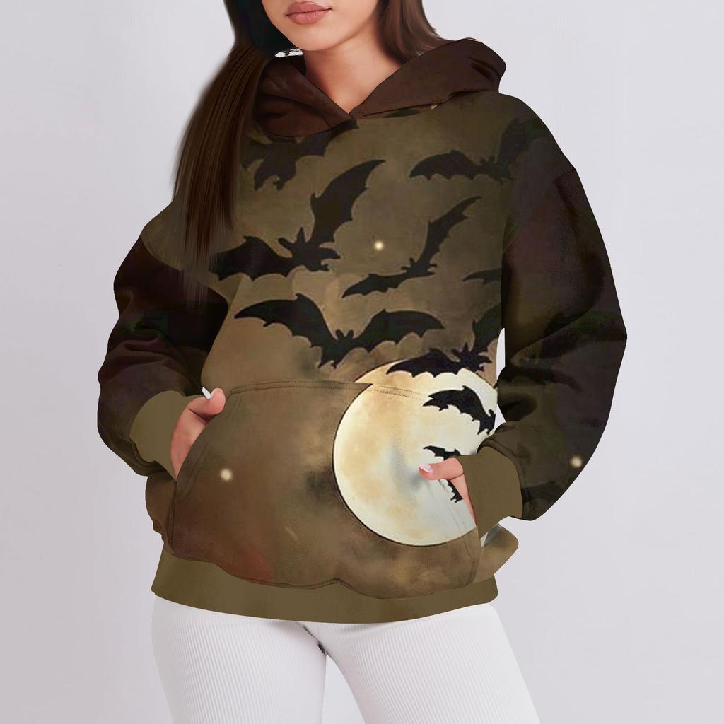 Women's Fashion Casual Pullover Hooded Sweatshirt Halloween Printed Long Sleeve Sweatshirt