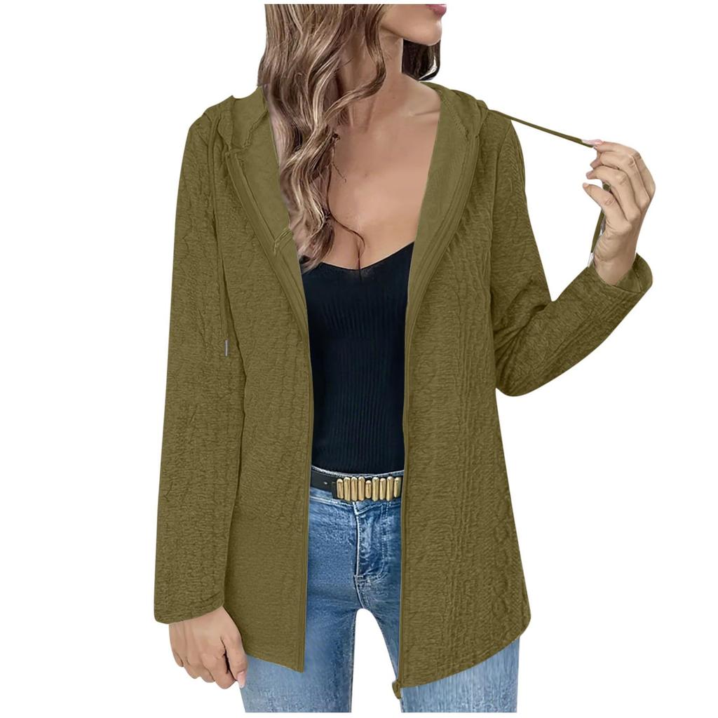 Women's Solid Color Loose Zipper Long Sleeved Hooded Top Casual Cardigan Jacket