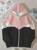 Women Plus Size Color Block Zip Up Hoodie Jacket,Long Sleeve Hooded Sweatshirt With Pockets, Casual Loose Winter Outerwear