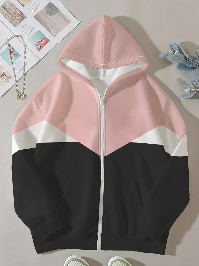 Women Plus Size Color Block Zip Up Hoodie Jacket,Long Sleeve Hooded Sweatshirt With Pockets, Casual Loose Winter Outerwear