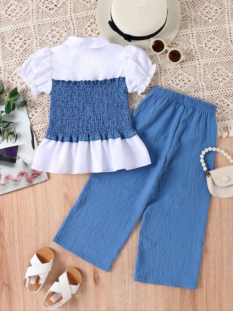 Летний комплект для девочек: блузка со сборками и брюки широкого кроя - европейский и американский стиль