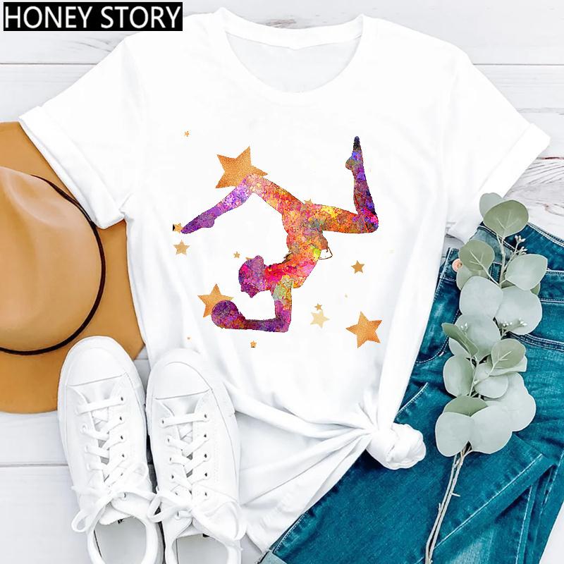 Watercolor Dance Gymnastics Print round Neck Casual T-shirt Short Sleeve Creative Fashion Summer Polyester Blend polyester fabri