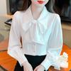 Новинка 2024 года, модная осенняя белая шифоновая блузка с длинным рукавом, бантом, отложным воротником, рубашка для женщин, топы, блузки, рубашки J507