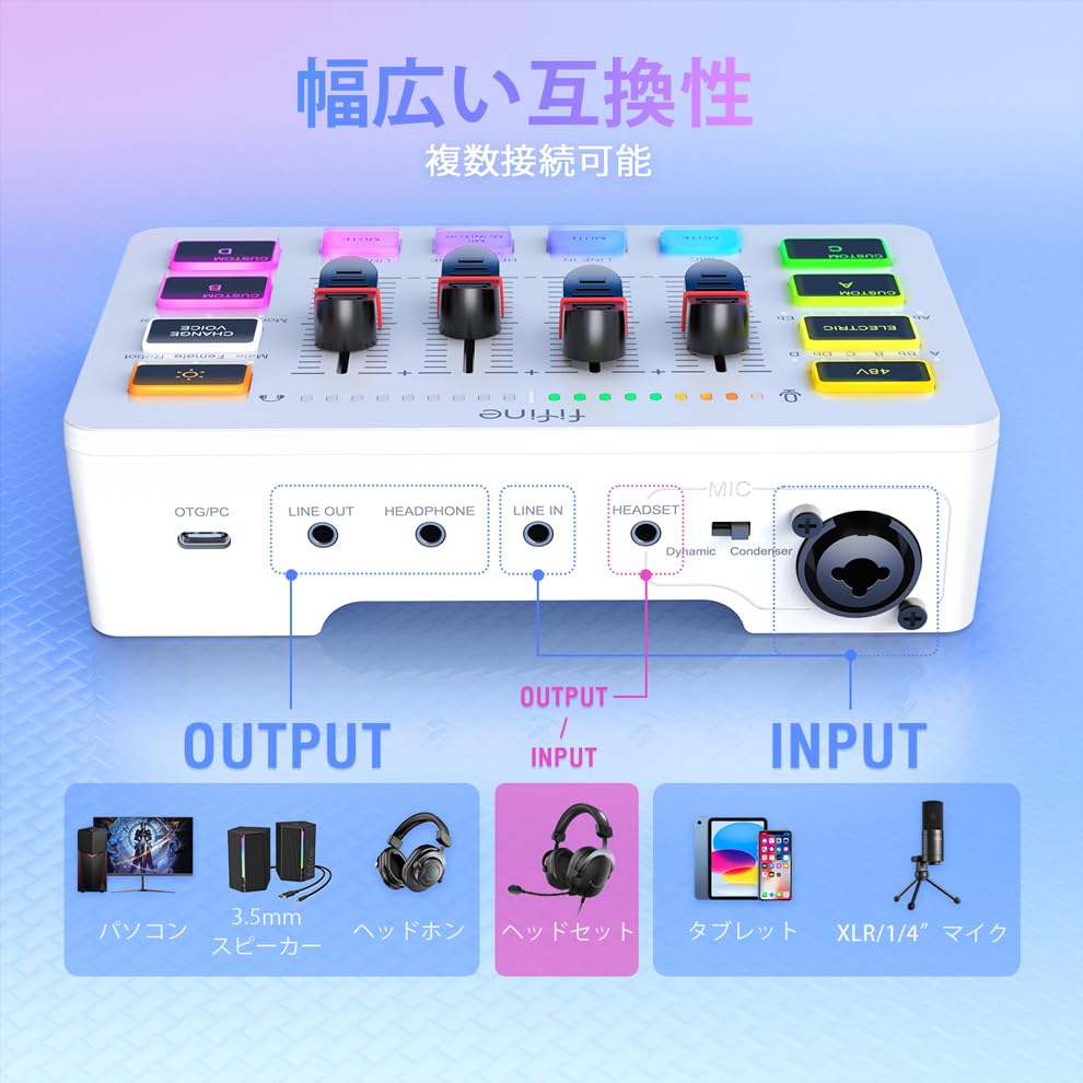 FIFINE Gaming Audio Mixer Audio Interface Compatible with Gaming Audio Mixer Podcast Mixer with RGB Function Voice Changer Button Custom Sound Effect