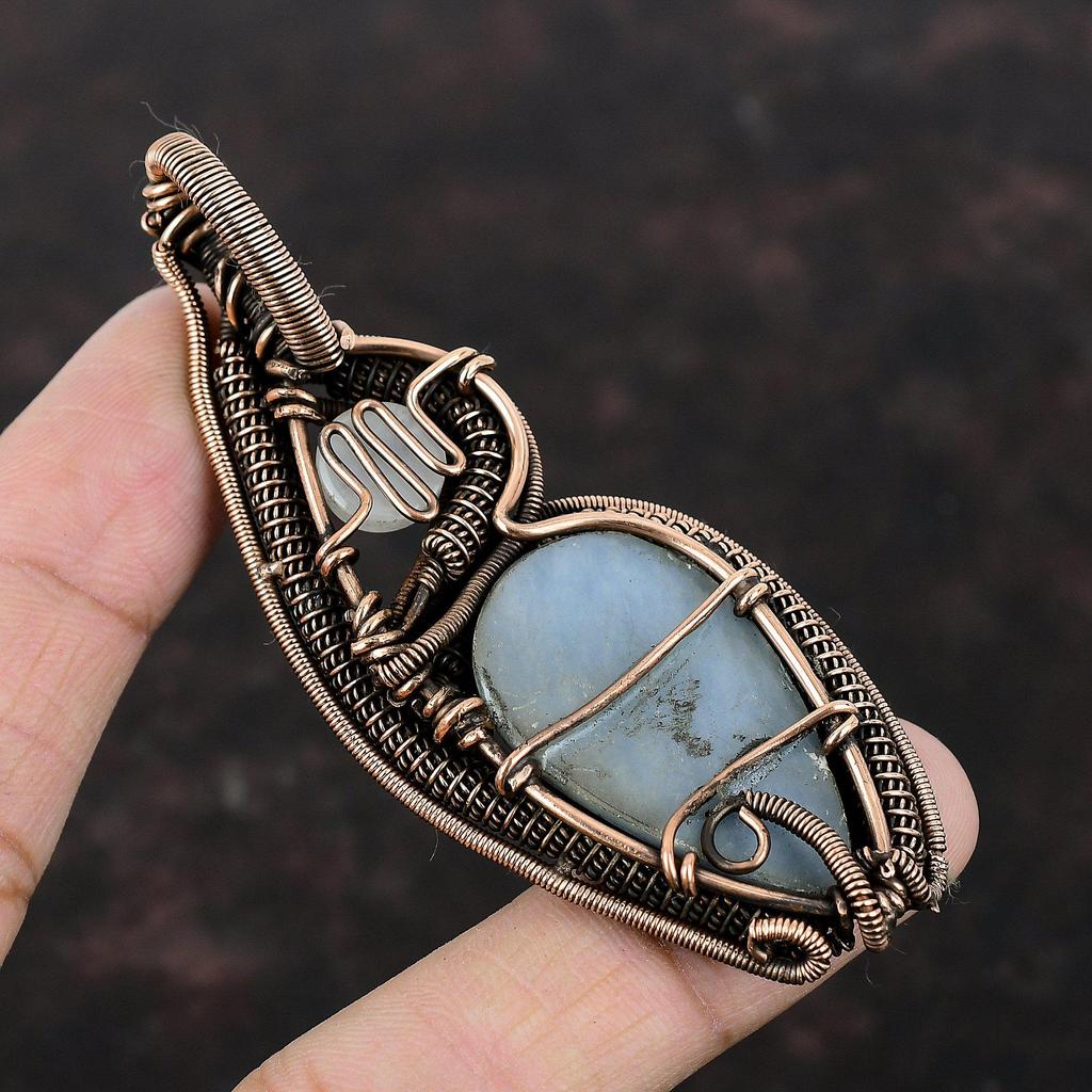 Подвеска Angelite, медная проволочная обернутая подвеска Rainbow Moonstone, ручная работа, ювелирное изделие Angelite, подвеска из драгоценного камня, подарок для него, проволочная бижутерия