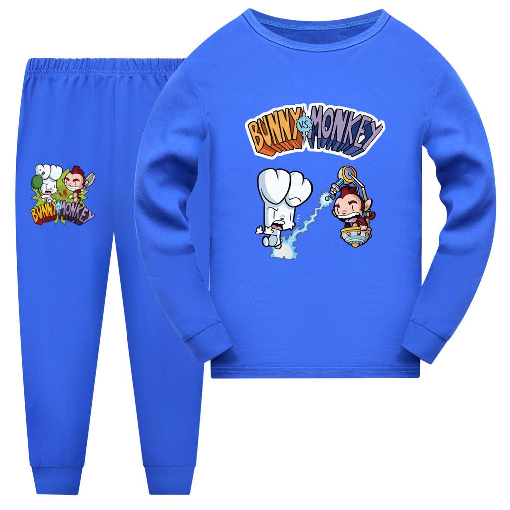 4187 Children Boys Girls Bunny Monkey Print Long Sleeves Top Pants Pajamas Sleepwear Sleeping Sets
