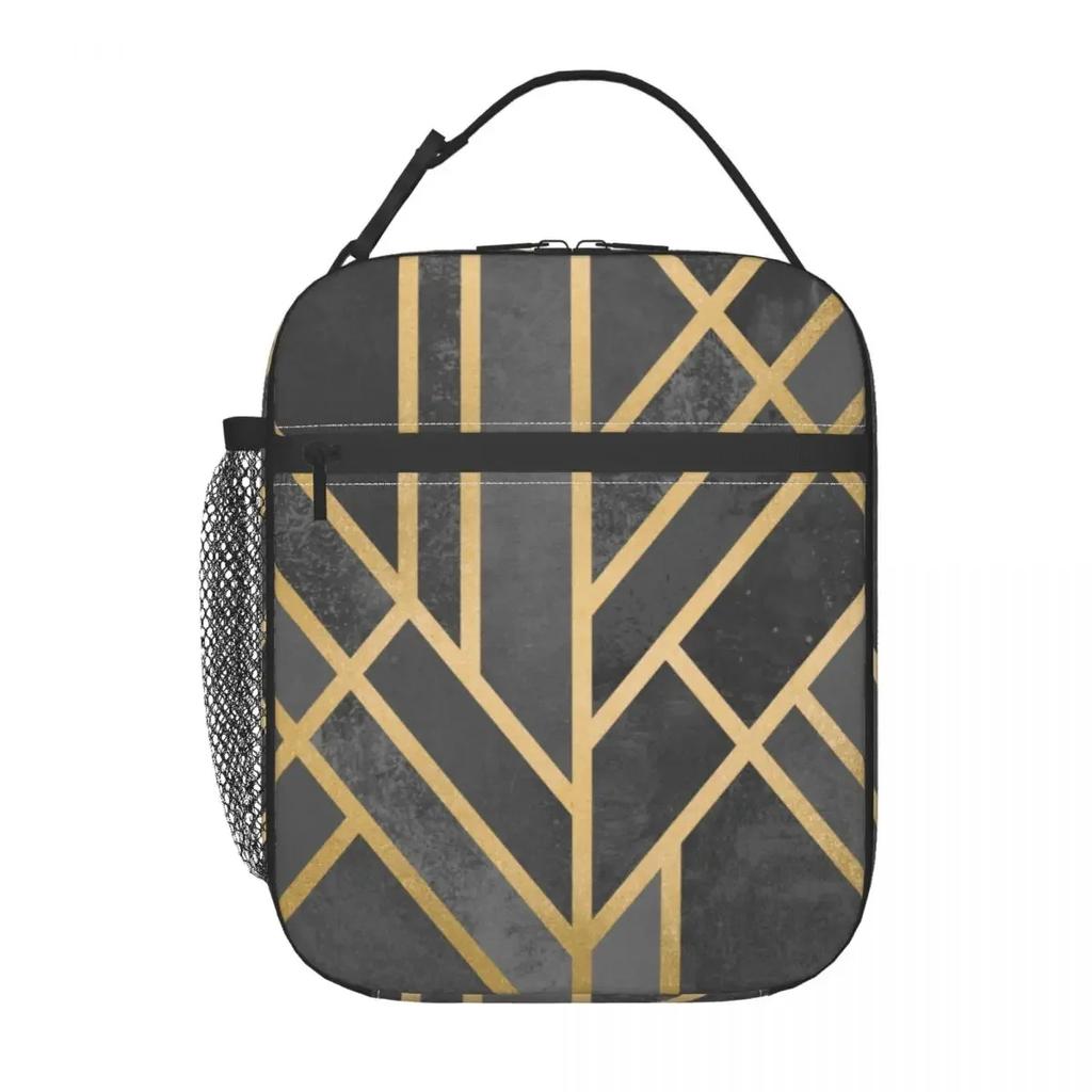 Grey Gold Geometry Art Deco Insulated Lunch Bag for Outdoor Picnic Abstract Geometry Portable Cooler Thermal Bento Box Women Kid