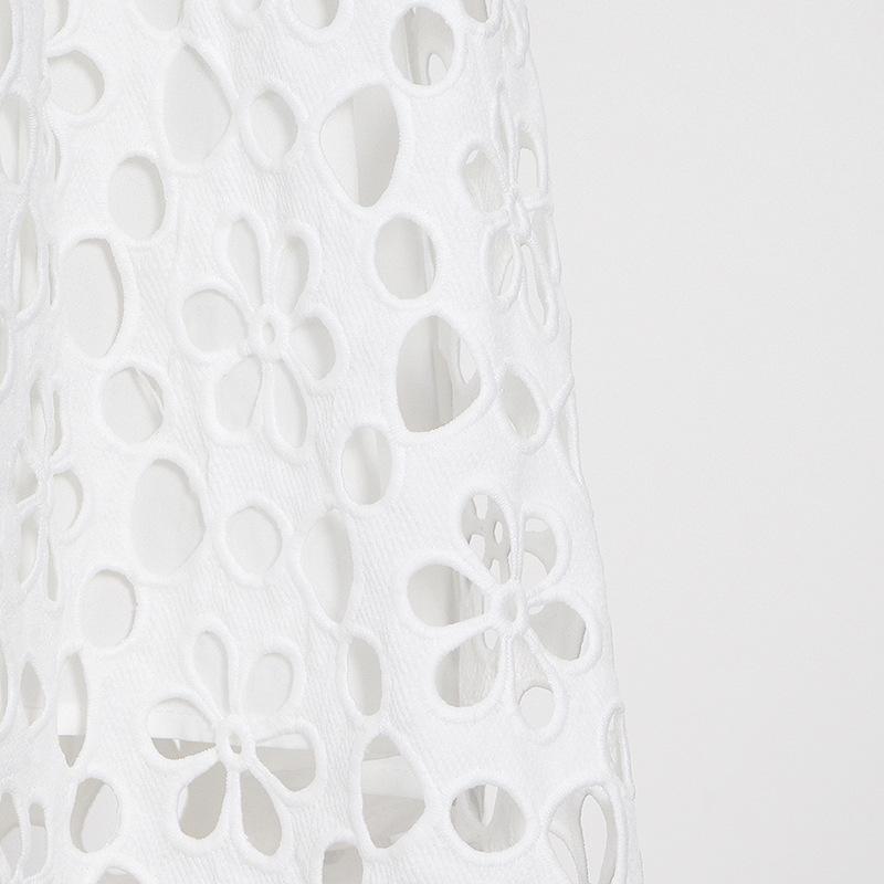 Temperament Long Women's Summer V-neck Waist Crochet Hollow French Solid Colour Swing Dress