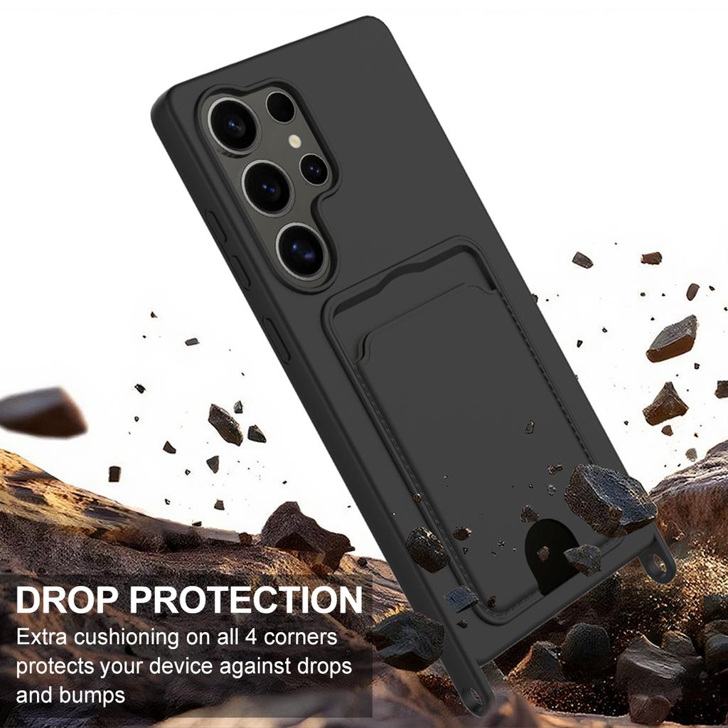 For Samsung Galaxy S24 Ultra Case Liquid Silicone Card Holder Phone Back Cover with Short Strap