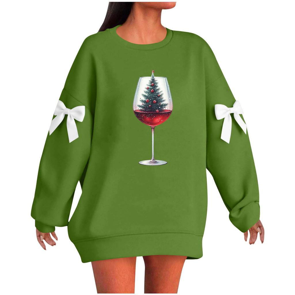 Ladies' Christmas Printed Bow Round Neck Long Sleeved Loose Pullover Sweater Sweatshirt Top