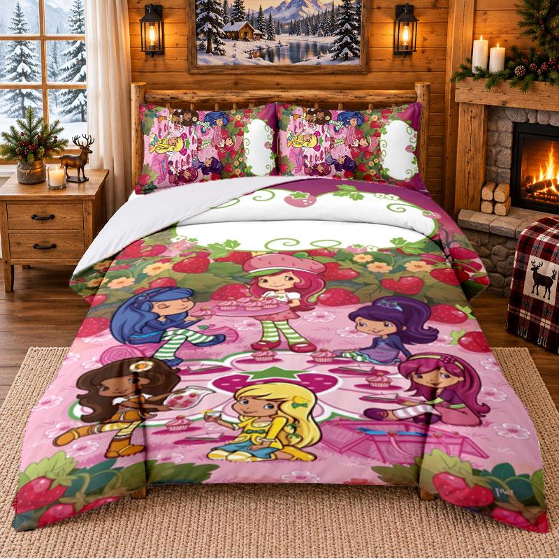 Strawberry Shortcake Pattern Bedding 3Pcs Set Bed Sheet And Pillowcases For Indoor Bedroom